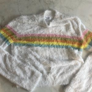 Anthropologie Le Lis White Rainbow Fuzzy Soft Sweater Women's Size med